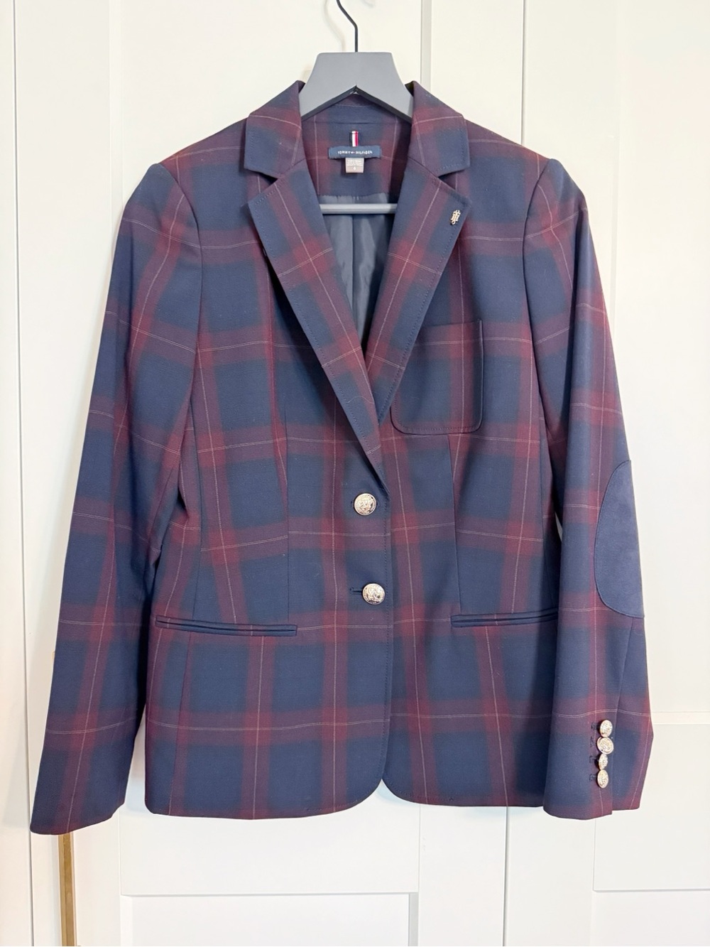 Tommy Hilfiger Women’s 6 Plaid Blazer Elbow Patches Red & Blue Classic Preppy